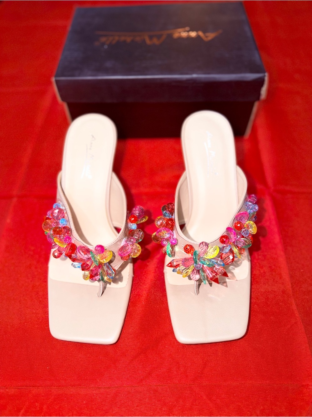 Anne Michelle Ivory Bejeweled Floral Thong Mules